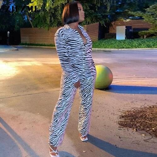 Zebra Striped Print Womens Suit Long Sleeve Single-breasted Blouse Shirt and Wide Leg Trouser Autumn Spring Two Piece Sets
