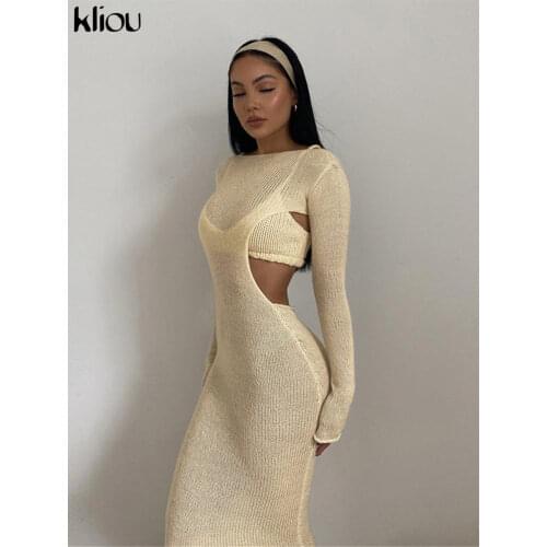 Kliou Knitted Two Piece Set Women Skirt Elegant Lined Sleeveless Camisole Top+Long Sleeve Backless Female Dress