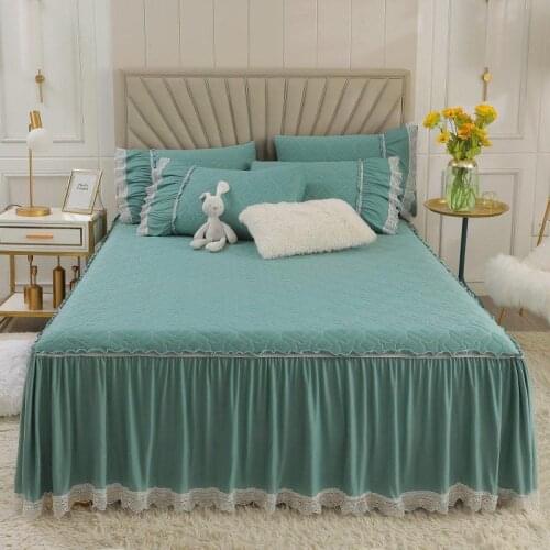2020 new knitted cotton Thickened latex quilting Bed spread Fitted Sheet Pillowcases 2/3 pcs pleated lace Princess bedding