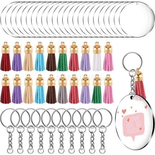 90Pcs Acrylic Clear Circle Discs Keychain Set Round Acrylic Keychain Blank Leather Tassel Pendant Jump Rings for DIY