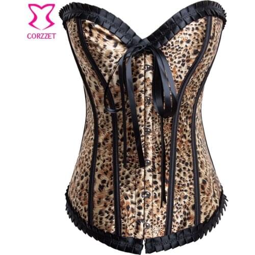 Strapless Brown Leopard Printed Sexy Corset Burlesque Corselet Overbust Bustier Corsets CatWomen Corpetes E Espartilhos