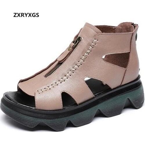 2021 Summer Retro Style Roman Sandals Cool Boots Fish Mouth Soft Genuine Leather Ladies Sandals Platform Wedges Heighten Sandals