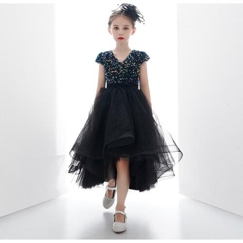 Flower Girl Dress Illusion Short Sequined V-Neck Princess Knee-Length Luxury Black Lace Elegant Tulle Lovely Kid Party Gown H189