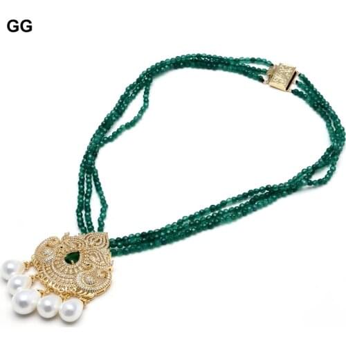 GG Jewelry 19" 3 Rows 4mm Faceted Round Green Agates Necklace Gold Color Plated CZ Pave Swan White Sea Shell Pearl Pendant