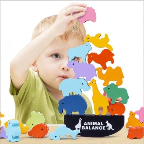 Montessori Early Childhood Education Cartoons Puzzle High Game To Build Wooden Toys Animal Balance Building Blocks Toy for Kids