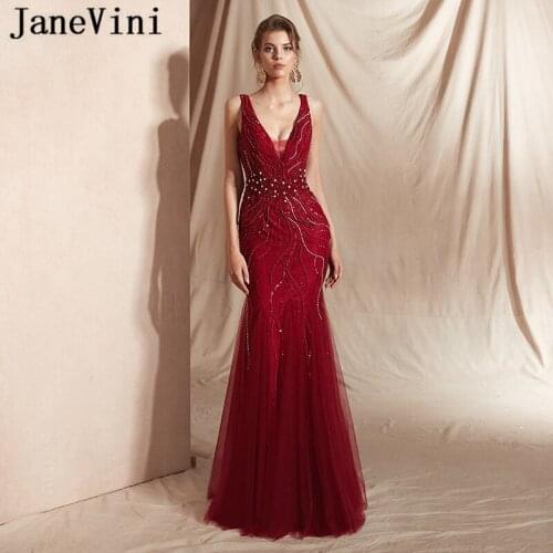 JaneVini New Fashion Luxury Burgundy Lace Beading Mermaid Prom Dresses Sexy Deep V Neck Backless Long Formal Dress Custom Made