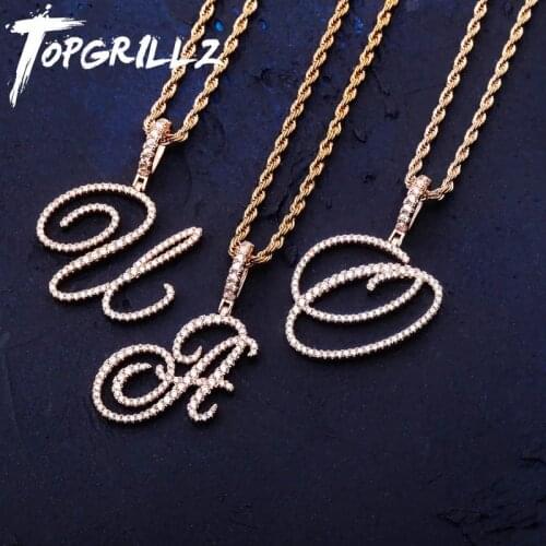 TOPGRILLZ New A-Z Cursive Letters Name Pendant&Necklace Iced Out Cubic Zircon Gold Silver Color Charm Hip Hop Jewelry