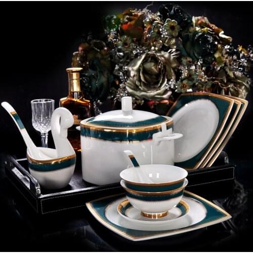 80 Pcs European Style Green Porcelain Dinnerware Set Bone China Tableware Emerald Ceramic Bowls Plates Set Wedding Gift