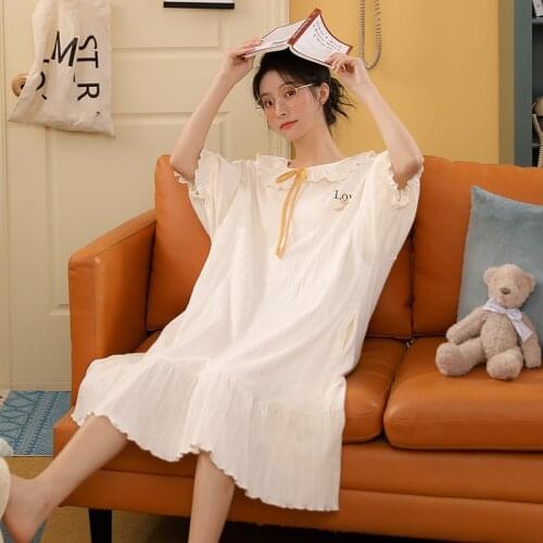 Nightdress womens summer short sleeves spring and autumn ins long sweet cartoon one-piece dress womens home service