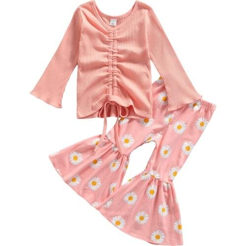 New Girl’s T-shirt and Trousers Suit Fresh Solid Color Long Sleeve Tops and Daisy Trumpet Pants