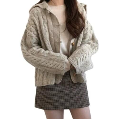 Autumn New Korean Version Of Chic Elegant Thick Wool Knitted Hooded Cardigan Sweater Womens Coat Wn