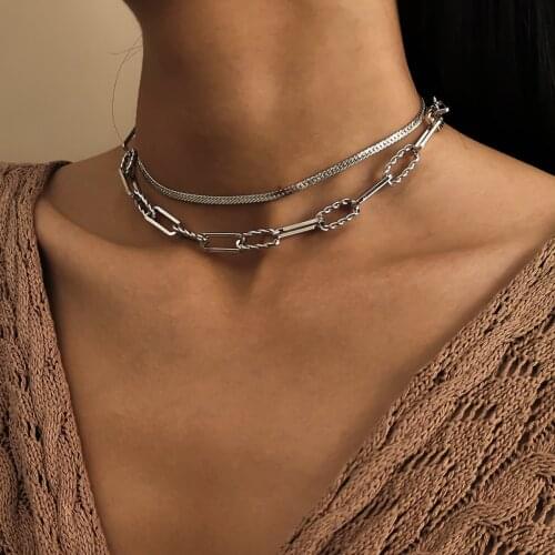 Fashion Retro Punk Clavicle Set Necklace Hollow Flat Chain Double Geometric Chokers for Woman Simple Jewelry Accessories 2021