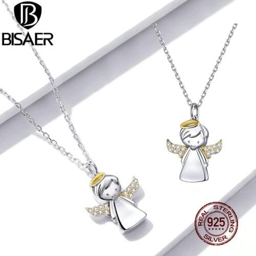 BISAER Little Angel Necklace 925 Sterling Silver Wings Zircon Long Chain Link For Female Jewelry 45cm Adjustable Jewelry EFN186