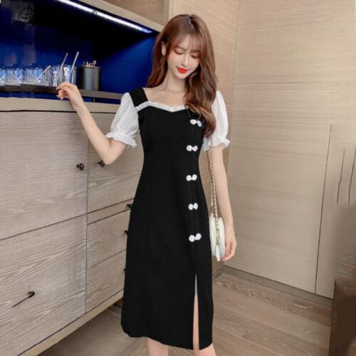 Sexy Split Cheongsam Fashion Qi Pao Women Puff Sleeve Chinese Dress Qipao Buttons Oriental Style Dresses China Dressing