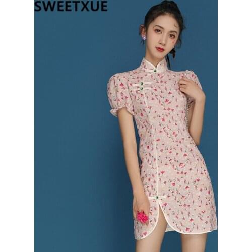 SWEETXUE French Cheongsam Retro Chiffon Embroidered Female Young Girl Puff Sleeve Cute Split Print Dress Womens Clothing