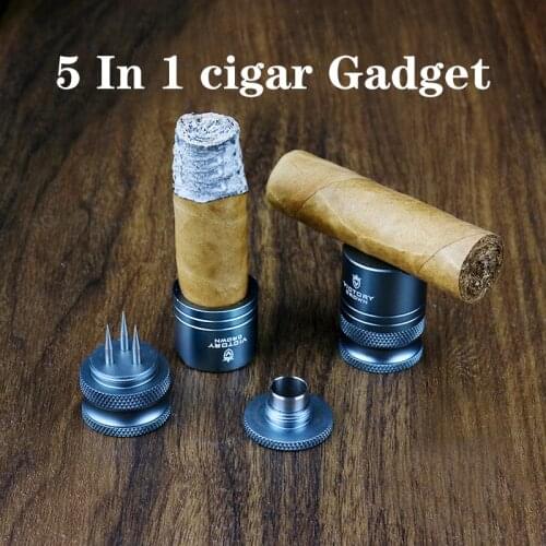 5 In 1 Portable Cigar Punch Cutter Gadgets Pocket Metal Holder Bullet Hole Cut with Cigar Drill Needle Cigar Accessories Tool
