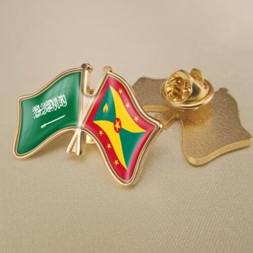 Saudi Arabia and Grenada Crossed Double Friendship Flags Lapel Pins Brooch Badges