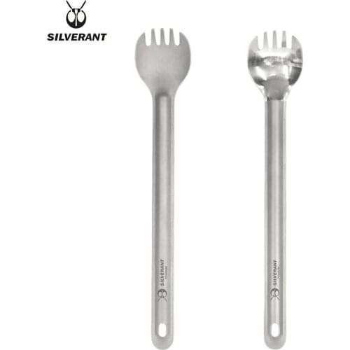 Silverant Ultralight Long Handle Titanium Spork Camping Spoon Dinner Fork With Washable Bag For Outdoor Hiking