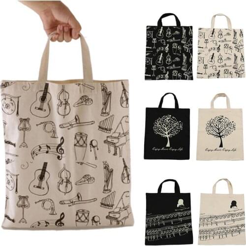 Portable Cotton And Linen Music Score Handbag Musical Elements Tote Shopping Bag Keyboard Pattern Musical Instruments Music Bag