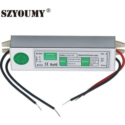 SZYOUMY DC 12V Adapter IP67 15watts Waterproof Power Supply Transformer 100V-240V AC To 12V DC Output For Led Strip Light
