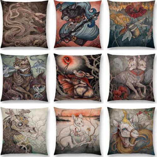 Dark Magic Creatures Mysterious Monster Amazing Fantasy Animals Cat Deer Bird Fox Tiger Snake Dream Cushion Cover Pillow Case