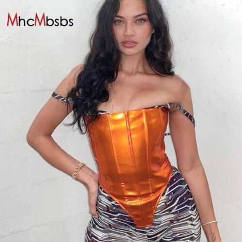 Off Shoulder PU Faux Leather Tube Tops Women Sleeveless Strapless Party Corset Top Sexy Clubwear Backless Female Camisole Vest