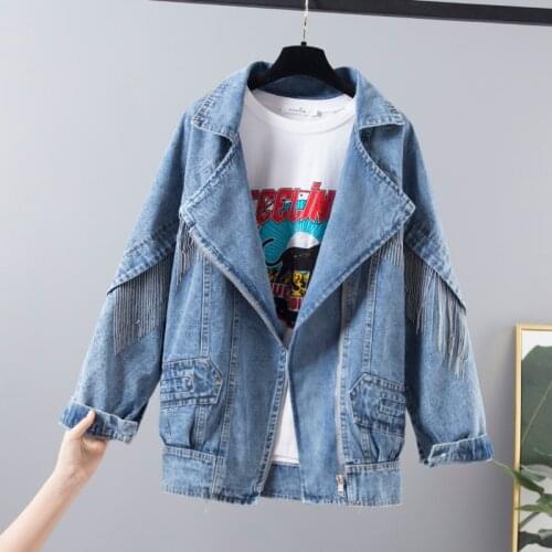 Spring Autumn 2021 Women Mid-length Jeans Jackets Fashion Chain Tassel Long sleeve Loose Oversized Denim jacket Female Harajuku