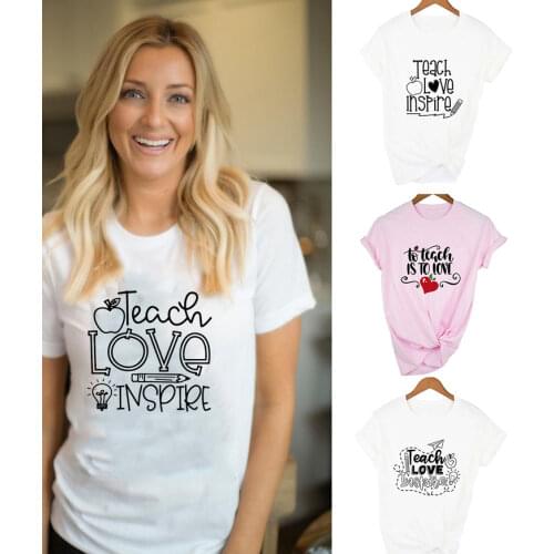 Women Fashion Short Sleeve Teach Love Inepire Letter Print T Shirt Funny Teachers Tops & Tees Love Being A Teacher Custom Shirt