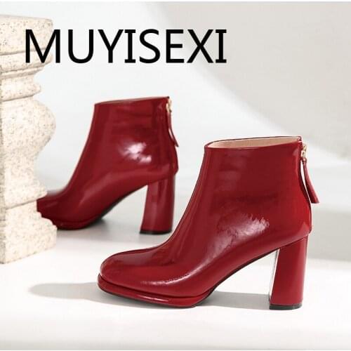 Women full grain leather 8cm high heel square toe keep warm movie star solid color zip gorgeous winter ankle boot JGG12 MUYISEXI