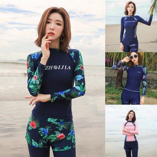 Long Sleeve Rash Guard Women Long Pants Two Piece Swimsuit Print Swimwear UV Protect Surfing Suit Pad Diving Clothes 5 Sets Blue