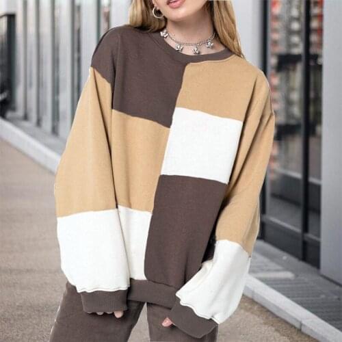 Plaid Block Pullover Casual Fashion O Neck Elegant Sweatshirt 2021 Autumn Patchwork Streetwear Women Long Sleeve Loose Pullovers