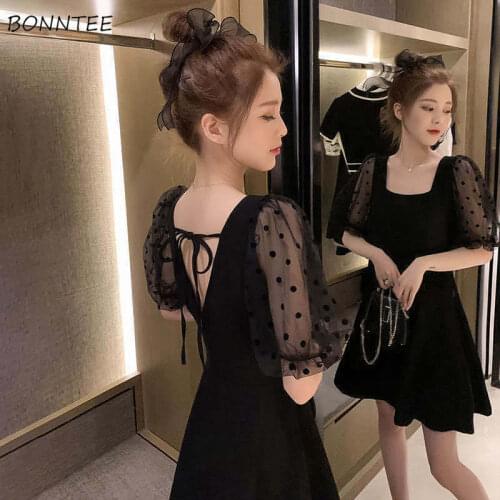 Dress Women French Style Vintage Trendy Elegant Black Mesh Patchwork Square Collar Retro Design Temperament New Puff Sleeve Mini