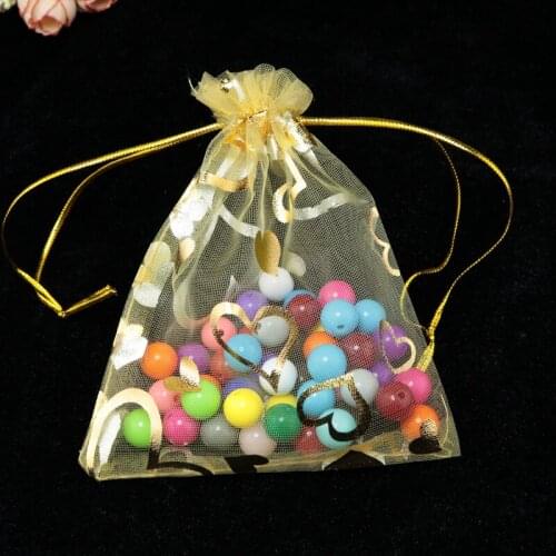1000pcs/lot 7x9cm Gold Organza Bag Heart Design Wedding Favor Candy Gift Jewelry Packaging Bags Small Tulle Gift Bag Pouches
