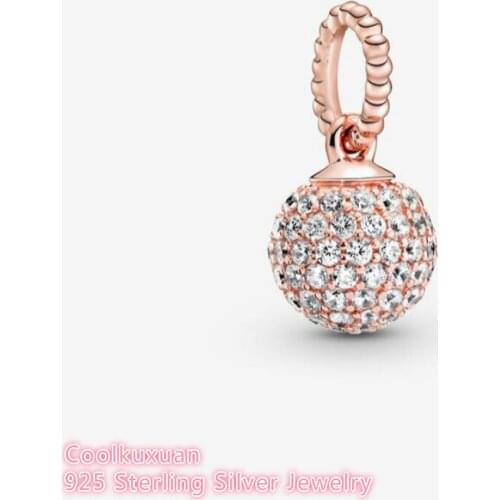 100% 925 Sterling Silver Pave Ball Pendant Rose Gold beads Fits Original Pandora bracelets and Necklaces Jewelry