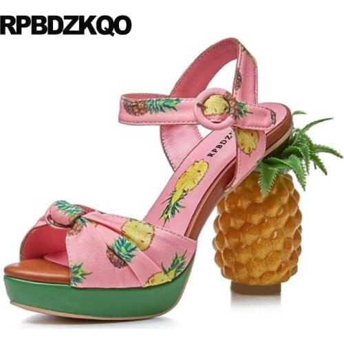 Fetish High Heels Leaf Pink Chunky Peep Toe Two Strap Sandals Shoes Sexy Size 10 Extreme 11 Pineapple Big Pumps Platform Women