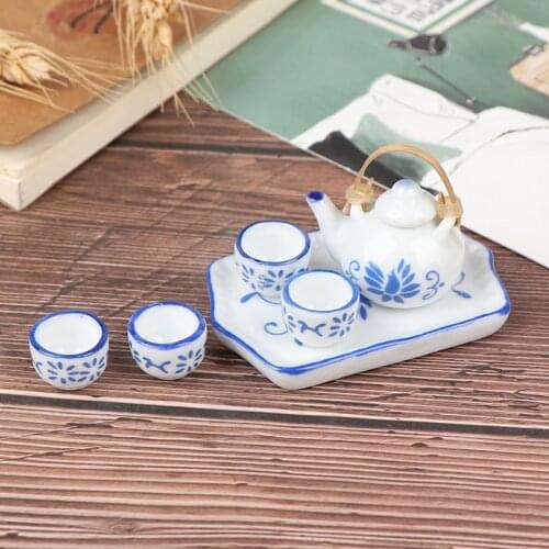 Hot sale 6pcs/set Dollhouse Miniature Dining Ware Blue Porcelain Tea Set Dish Cup Plate China Ceramic Tea Set Dolls House