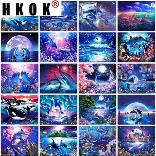 HKOK Diamond Painting Dolphin Full Square Diamond Embroidery Animals Pictures Of Rhinestones Mosaic Cross Stitch Home Decor