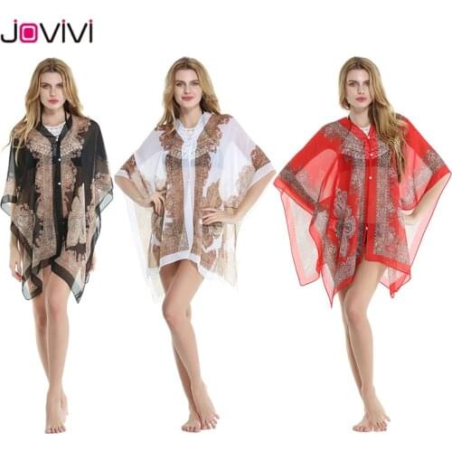 Jovivi 1pc Vintage Womens Chiffon Swimwear Wrap Scarf Sarong Up Cover Beach Dress Floral Kimono For Summer 15 Colors Optional