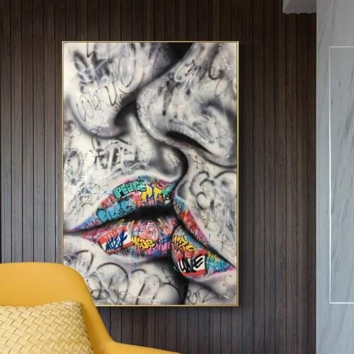 Lover Kissing Street Graffiti Art Painting on Canvas Posters and Prints Abstract Wall Art Picture for Living Room Home Decor