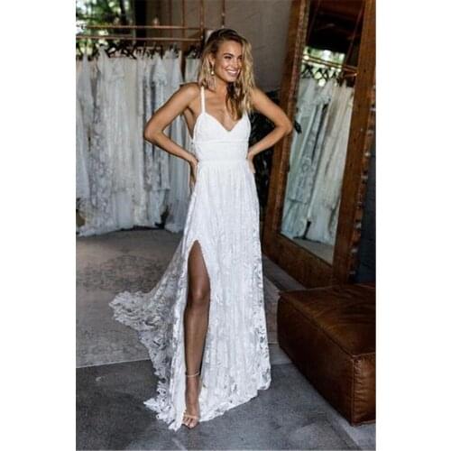 Backless Lace Wedding Dresses Boho Side Split Straps V-Neck A-Line Beach Bridal Gowns Bride Dress Vestido De Noiva 2020
