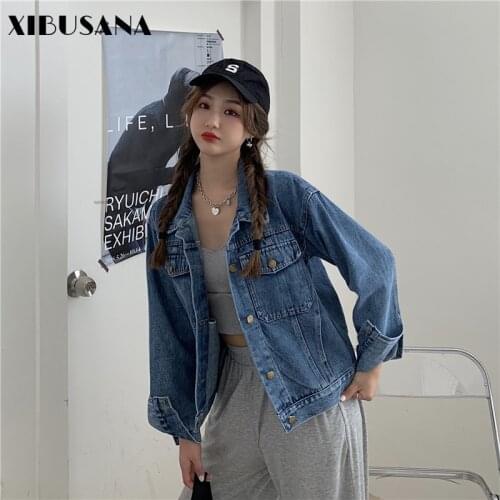 XIBUSANA Jeans Jacket for Women 2020 Autumn Winter Solid Vintage Turn-down Collar Single Breasted Loose Short Denim Coat Female