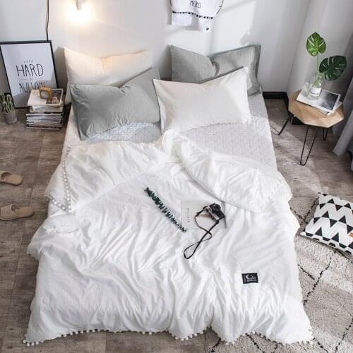 Summer Quilts White Air Condition Duvet With Little White Pompons Bed Linens Washed Cotton Throw Blankets Soft Solid Bedding