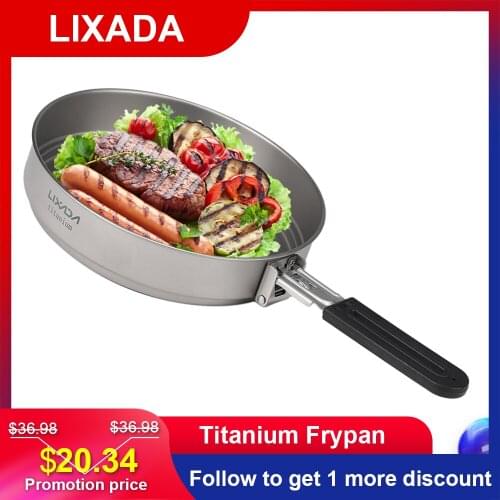 Lixada 1400ml Titanium Fry Pan Ultralight Grill Frying Pan with Folding Handle for Outdoor Cooking Camping Hiking Backpacking