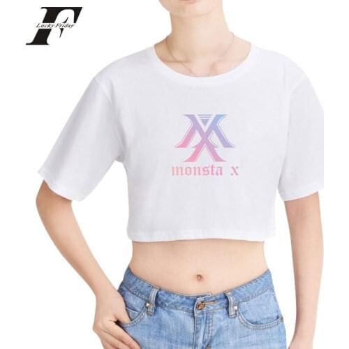 LUCKYFRIDAYF 2018 MONSTA X T-shirts Women Exposed Navel Sexy Short crop top women T shirt korean Kpop Harajuku Hip Hop Summer