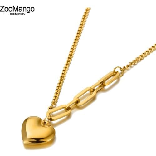 ZooMango Fashion Titanium Stainless Steel Lovely Heart Charm Pendant Necklaces Bohemia Chain Choker Necklace For Women ZN20133