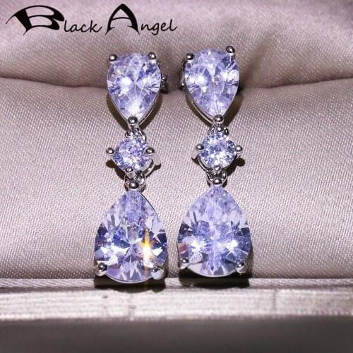 BLACK ANGEL Fashion Romantic Bridal Wedding Jewelry Exquisite Teardrop-Shaped Super Shiny White Zircon 925 Silver Drop Earrings