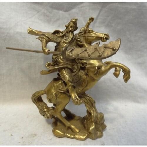 Folk Chinese Brass Collect Warrior GuanGong GuanYu God Ride Jump Horse Statue