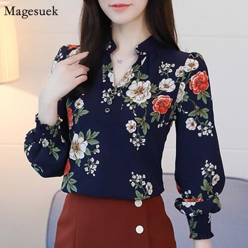 New Office Lady Chiffon Shirt Tops Floral Print V Neck Long Sleeve White Blouse Shirts Spring Summer Blouses Women Casual 6140