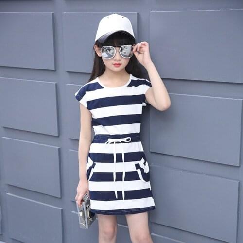 Summer Girls Dress Cotton Striped Casual Princess Teenagers Dress For Girls Party Kids Clothes 4 6 8 10 12 Years Children Dress