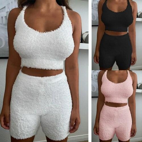 Fluffy casual fashion vest shorts two-piece womens suit